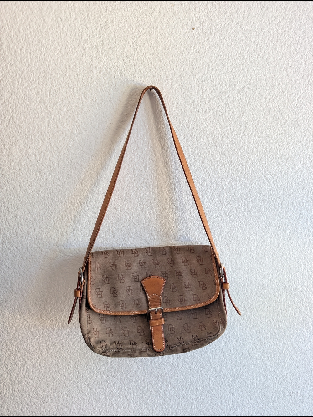Vintage Dooney & Bourke Monogram Pattern Shoulder Bag in Light Brown